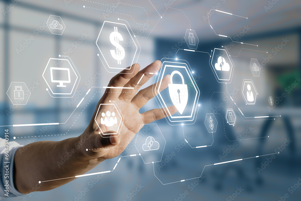 Poster close up of male hand using glowing web security hologram with other icons on blurry office interior