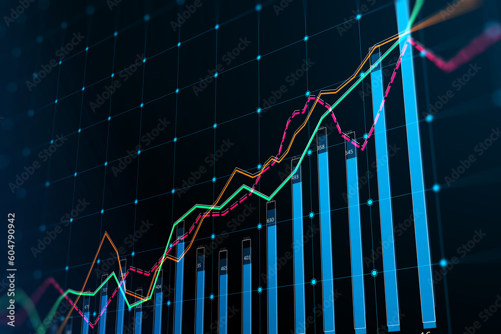 Poster abstract growing business chart grid on blurry backdrop. corporate growth plan and company developme