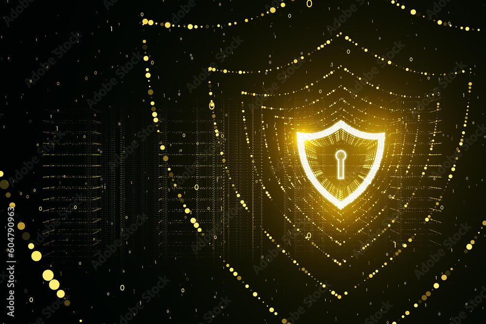 Aufkleber Glowing polygonal web security shield hologram on blurry backdrop. Digital interface and protection concept. 3D Rendering.
