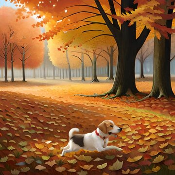 Dog exploring autumn foliage, surrounded by lush greenery and towering trees. , genrative AI 
