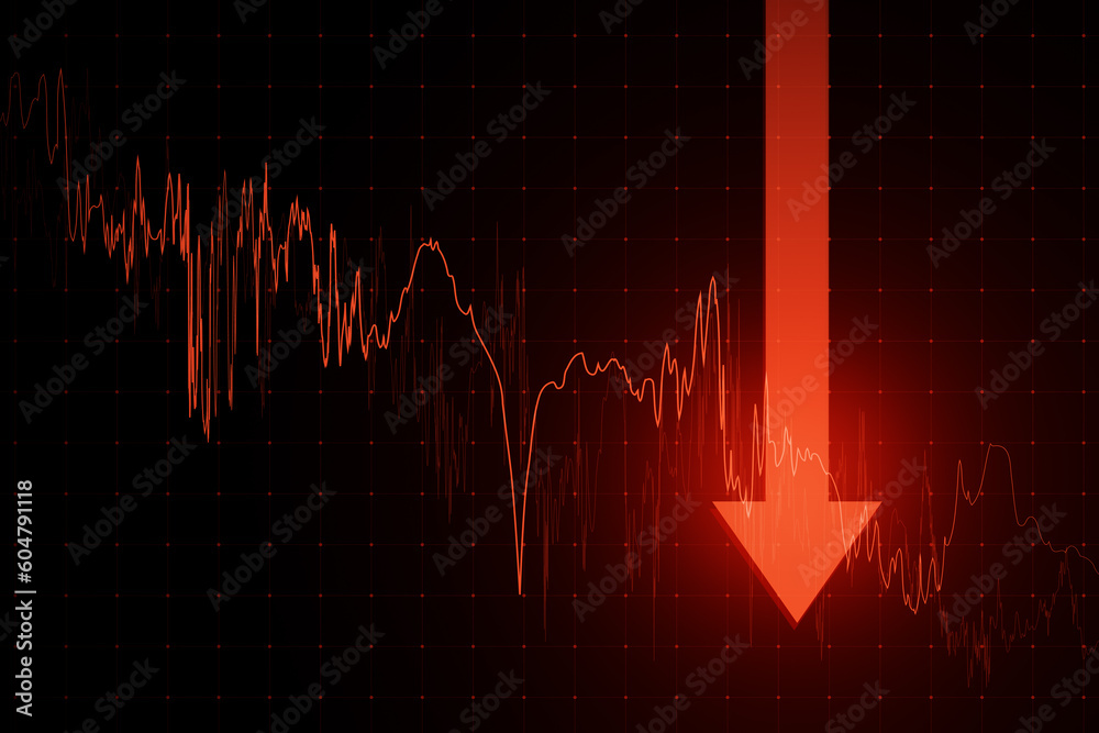 Poster economy crisis and stock market crash concept with moving down digital red financial chart candlesti