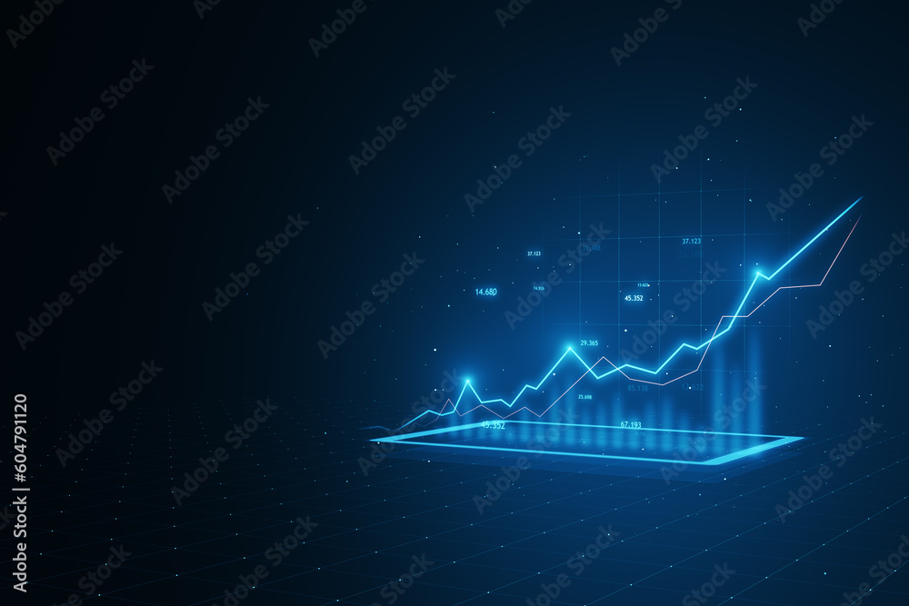 Poster Future of finance with innovative trading and investing platform. 3D rendering of a dark blue technological background, complete with digital glowing stock market graphs and financial diagrams