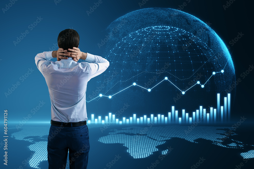 Aufkleber back view of thoughtful young european businessman looking at abstract digital globe with business c