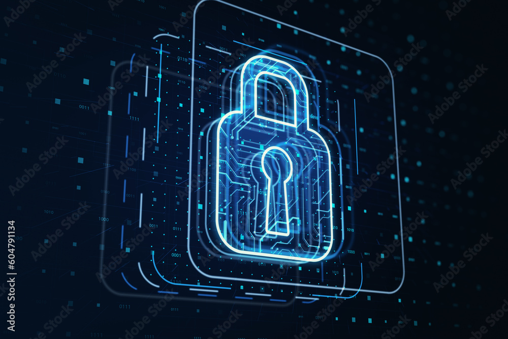 Poster Cyber security and privacy protection concept with digital blue closed padlock symbol in frame on dark technological background. 3D rendering