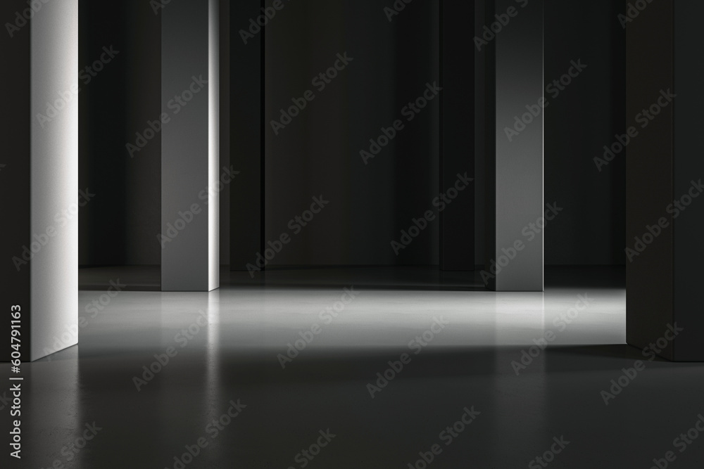 Poster ads campaign marketing concept with abstract lighting dark hall with grey pillars on blank concrete 