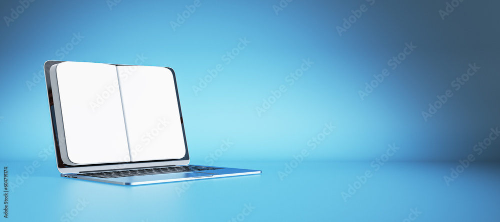 Poster E-learning and e-library concept with perspective view on blank white notebook pages for advertising text or logo on modern laptop screen on blue background with place for poster. 3D rendering, mockup