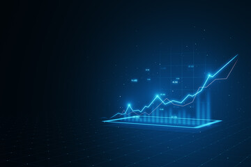 Future of finance with innovative trading and investing platform. 3D rendering of a dark blue technological background, complete with digital glowing stock market graphs and financial diagrams