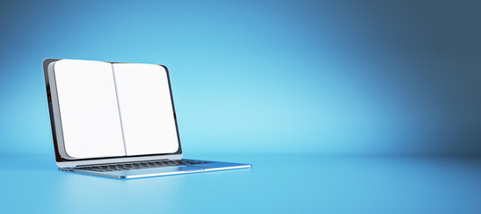 E-learning and e-library concept with perspective view on blank white notebook pages for advertising text or logo on modern laptop screen on blue background with place for poster. 3D rendering, mockup