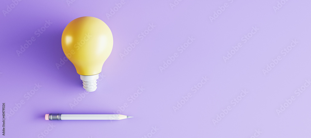 Poster Creative lamp and pencil on wide purple background with mock up place. Idea and innovation concept. 3D Rendering.