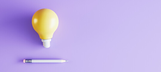 Creative lamp and pencil on wide purple background with mock up place. Idea and innovation concept. 3D Rendering.