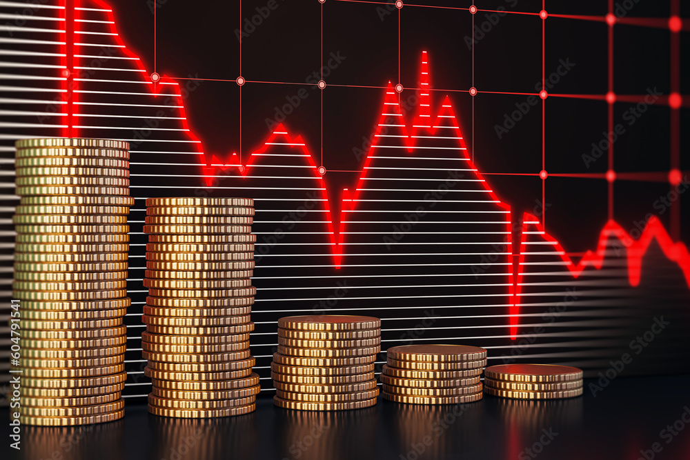 Aufkleber Stacked golden coins with falling red forex chart on dark backdrop. Crisis and recession concept. 3D Rendering.