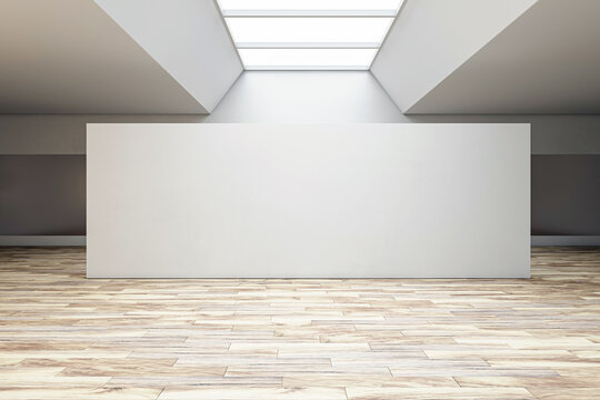 Modern bright gallery with blank white wall background and wooden floor. 3D Rendering, mockup