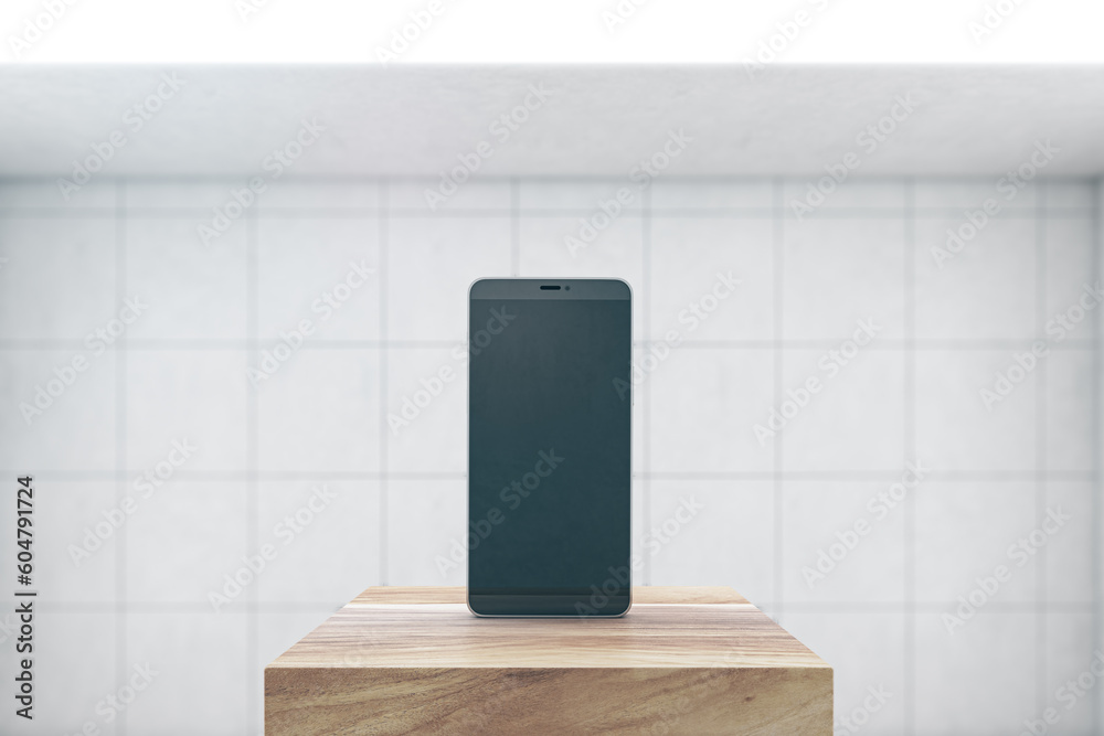 Poster Front view on blank black modern smartphone display with space for web design, website or application on wooden stage in empty room with light tiles wall background. 3D rendering, mock up