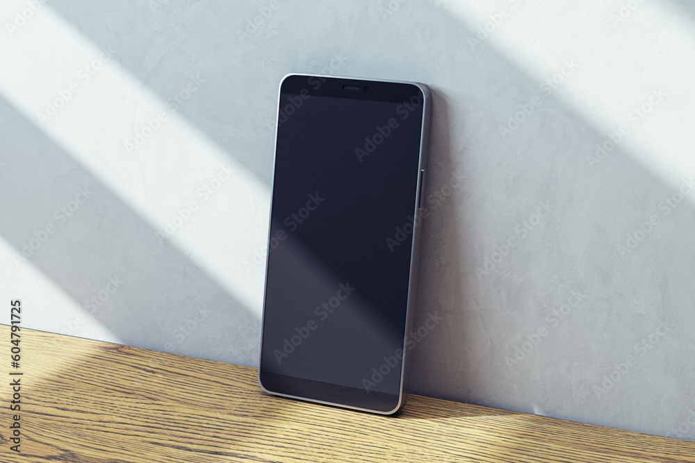 Poster perspective view on blank dark modern smartphone screen with place for web site or design on wooden 