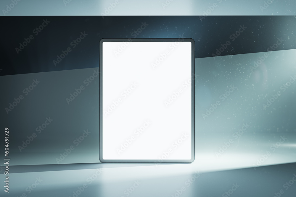 Poster Front view on blank white digital tablet screen with place for your logo or text on abstract graphic blue shades sunlit background. 3D rendering, mockup