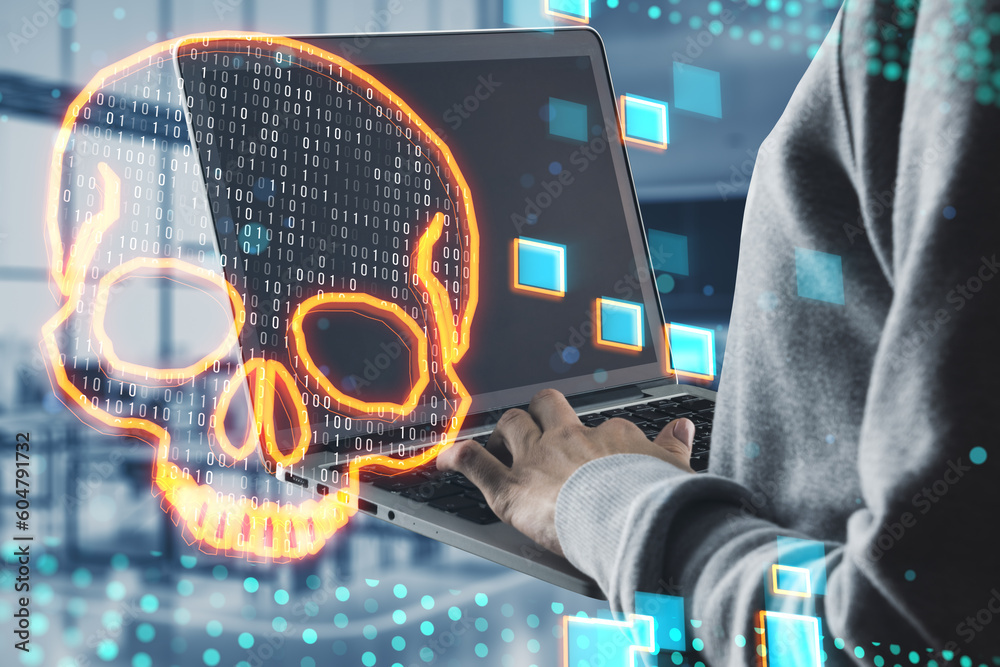 Poster Close up of male hands using laptop with glowing digital binary code skull on blurry office interior background. Hacking, piracy, malware and data theft concept. Double exposure.