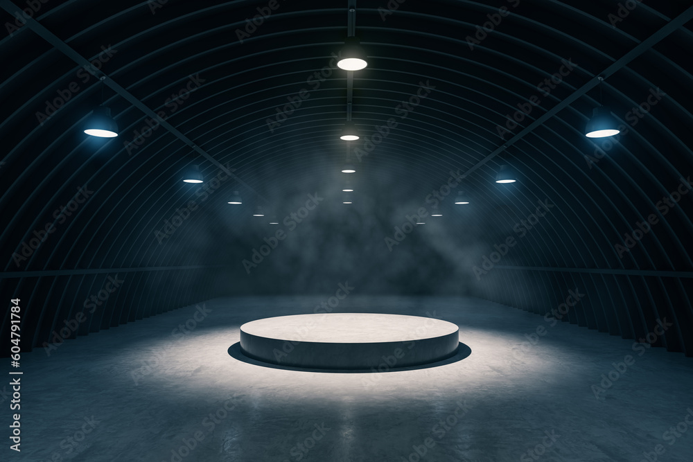 Poster front view dark smokey garage interior with spotlight and round pedestal on concrete floor, product 