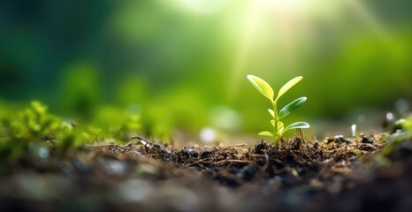 Young green plant growing in soil with sunlight. Nature background. Ecology concept