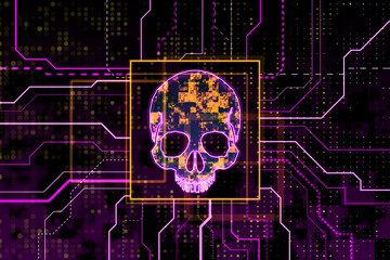 Glowing red skull symbol, dark screen texture background with circuit, hacking attack and piracy concept. 3D Rendering