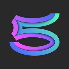 Number 5 logo made of layers of bright paper on dark background, numeral five with vibrant gradient with shadows, creative design for t-shirt print.