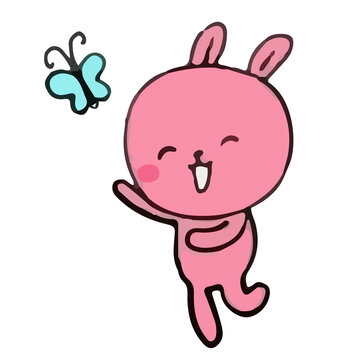 cartoon pink rabbit running catching butterflies flying-01.png