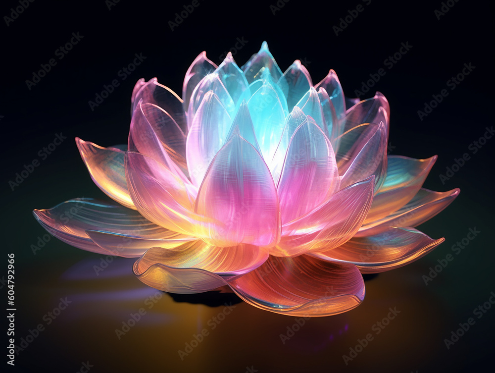 Poster beautiful spiritual 4d flowers with light in background,generative ai