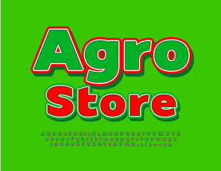 Vector advertising banner Agro Store. Green and Red bright Font. Modern artistic Alphabet Letters and Numbers set