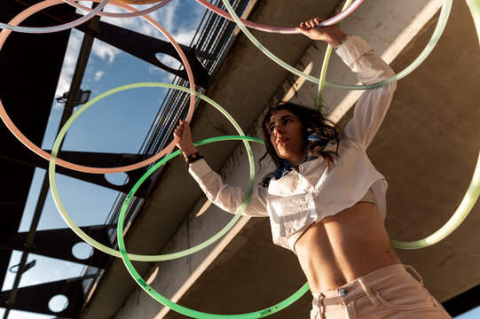Modern woman performing and dancing expressing emotions