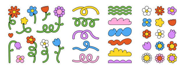 Cute cartoon flowers and shapes icons. Daisy floral organic form cloud star and other elements in trendy playful brutal style. Vector illustrations isolated on white background. © Martyshova