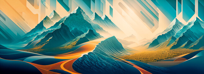 Obraz premium Beyond the Horizon: A Futuristic Journey through Surreal Mountainscapes.