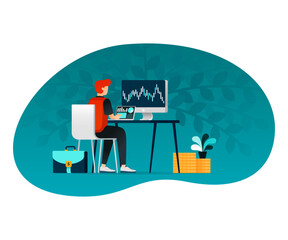 Stock monitoring illustration. financial managers work above decks from a hindsight perspective. for website, web, poster
