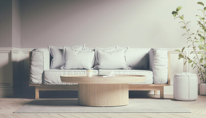 3d Illustration - Skandinavisches, nordisches Wohnzimmer mit einem Sofa und einem Tisch. - Textfreiraum - Platzhalter - Retro Look - obrazy, fototapety, plakaty