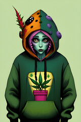 ai-generated, illustration of a  fictional alien wearing a hoodie with a marijuana leaf on it