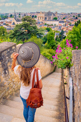 Woman tourist in Poitiers- Poitou charente in France, Vienne