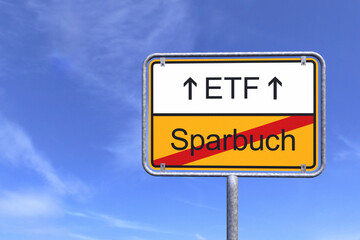 3d Illustration - Ortsschild - Ortstafel - ETF - Sparbuch - Himmel - Wolken