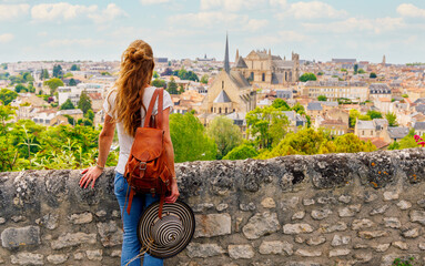Poitiers city landscape viewpoint- Woman tourist looking at city skyline- vacation, travel...