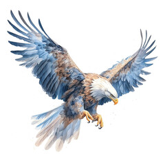 AI Generated: Hyper-Realistic Watercolor Artwork of Majestic Eagle in Flight. Detailed Feathers and Sharp Gaze against Clear Blue Sky. A Symbol of Freedom and Strength. Generative AI.