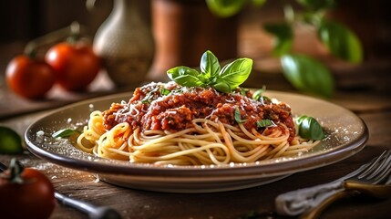 AI Generated: Classic Italian Dish - Al Dente Spaghetti with Flavorful Bolognese Sauce. Rustic Table Setting with Parmesan Cheese and Basil. Vintage Fork Completes the Picture. Generative AI.