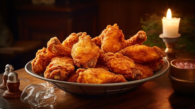 AI Generated: Mouthwatering Golden-Brown Fried Chicken Pieces with Crispy Texture. Vintage-Style Platter, Coleslaw, and Tangy Sauce. Warmly Lit Delightful Crunch. Generative AI.