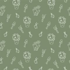 cute seamless pattern of garden tools and plants