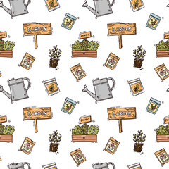 cute seamless pattern of garden tools and plants