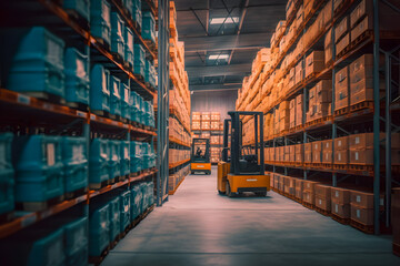 Working on a forklift in a modern automated warehouse. The boxes are on the shelves of the warehouse. Warehousing, machines concept. Warehouse logistics. Generative AI