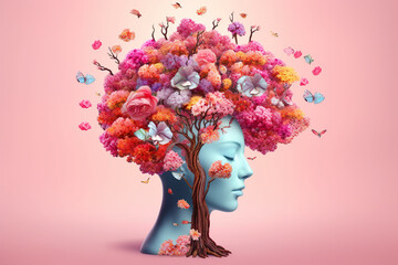 Naklejka premium A woman's head with a tree in the shape of a woman's head. Generative AI.