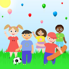 Happy children on a green meadow. Suitable for use as a postcard, banner, poster and social media post. Vector illustration.