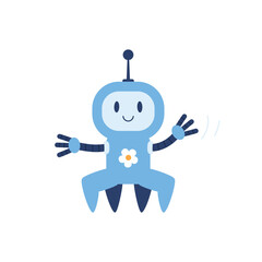Cute robot waving hands, cartoon flat vector illustration isolated on white background.