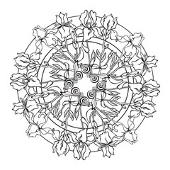 Fototapeta premium Irises. Floral mandala with tropical flowers. Coloring page. Vector illustration.