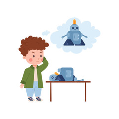 Puzzled kid boy thinking how build robot flat style, vector illustration