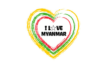 I love Myanmar heart brush style logo with national flag colors. Patriotic vector illustration icon. Template for poster, card, banner, background, personal journals, travel diary or social media.