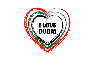 I love Dubai heart brush style logo with national flag colors. Patriotic vector illustration icon. Template for poster, card, banner, background, personal journals, travel diary or social media.