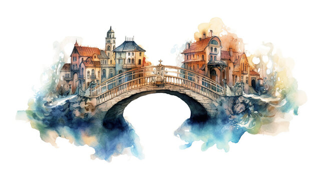 A watercolor painting of a bridge over a river. Generative AI.